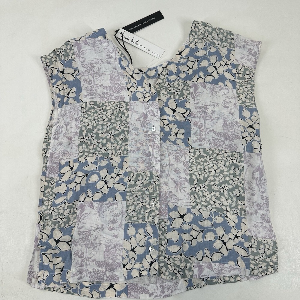 NICOLE MILLER NEW YORK top blouse blue linen women's Size S Patchwork Print NWT
